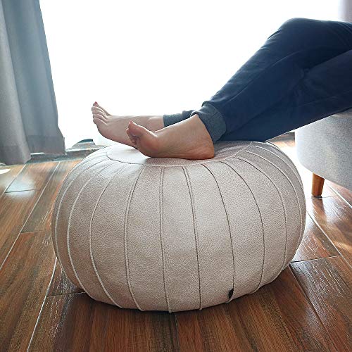 Thgonwid Handmade Suede Pouf Footstool Ottoman Faux Leather Poufs 23" x 14" -Round Floor Cushion Footstool for Living Room, Kids Room and Wedding, Unstuffed, Beige