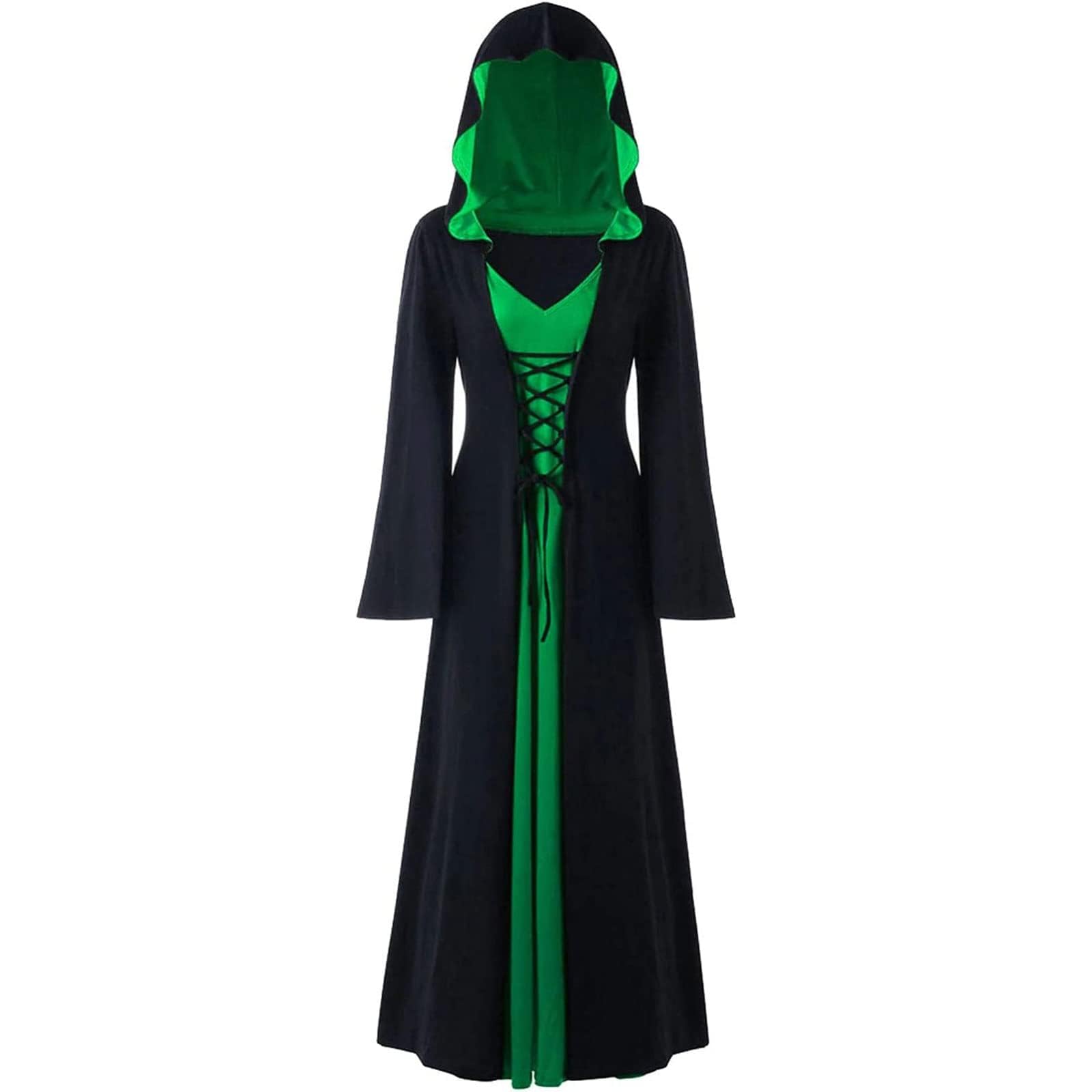 FSUJWOA Halloween Vintage Witch Dress, Witch Hooded Dress Witches Costume, Womens Renaissance Medieval Costume (Black and green, S)