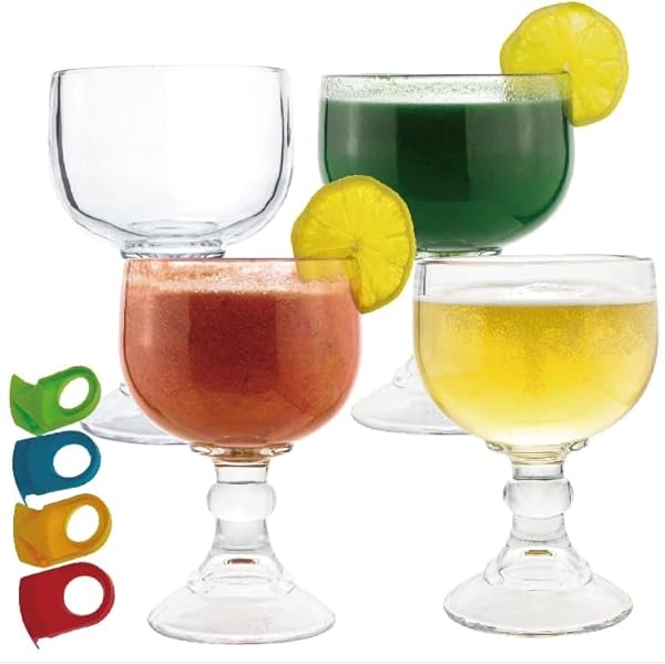 CHEFCAPTAIN MARGARITA GLASS SCHOONER- 21.5 OZ SET OF 4 EXTRA LARGE GOBLET WITH CLIPS ZERO LEAD CRYSTAL STYLE SHRIMP COCKTAIL, CORONARITAS, MARGARITAS SET OF 4 WITH 4 COLOR CLIPS