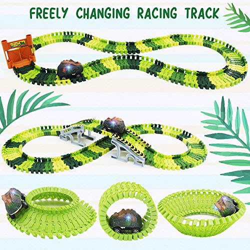 Bdwing Dinosaur Race Car Track Toys, Flexible Assembly Car Tracks Train Set for Boys Girls Toddlers and Kids (Extra 1 Set Traffic Signs) Best Gift for 2 3 4 5 Years Old