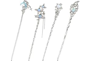 SUNNYCLUE 1 Box 4Pcs 4 Styles Moon Hair Pin Stick Chinese Hanfu Hair Sticks Silver Star Butterfly Heart Alloy Resin Asian Vin