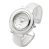 Top Plaza Fashion Women's Cuff Watch, Round Case PU Leather Band, White