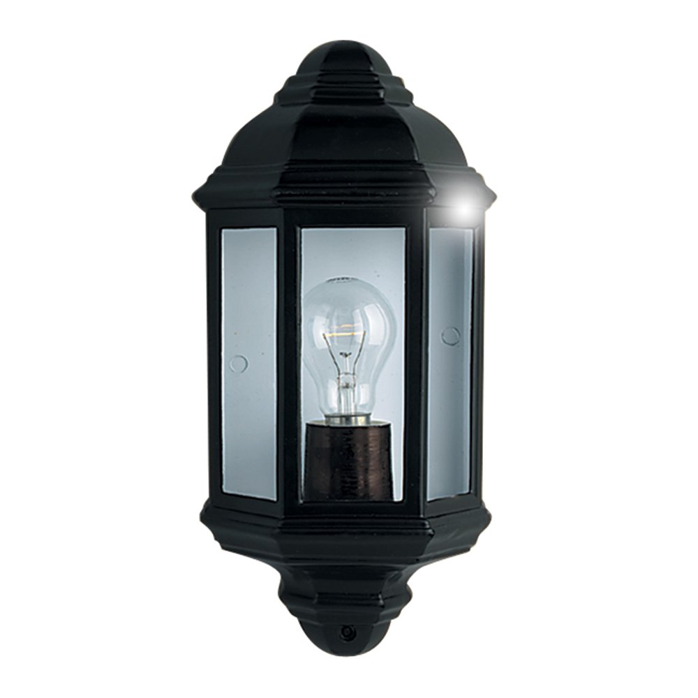 Searchlight Outdoor Wall Lights Trapani Dia Cast Black Aluminium Half Lantern Wall Light with Clear Glass Panel/Max 1x60w Screw Bulb