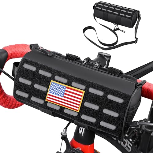 DEYACE Bike Handlebar Bag Waterproof Bicycle Handlebar Roll Bag with Large Reflective Area and Molle System, Bike Front Pouch with Shoulder Strap Removable Straps for Cycling
