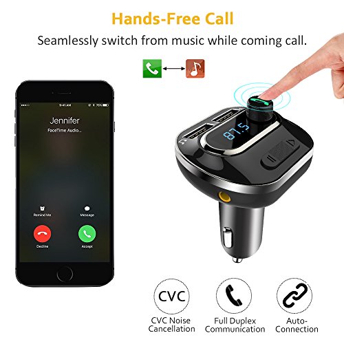 FM Transmitter, Bcway Wireless Radio Adapter Bluetooth Car Kit MP3 Player, 5V/3.1A Dual USB Ports Car Charger, Support TF Card + U Disk, Hands Free Calling for iPhone, Samsung, etc - Thumbnail 2