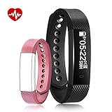 Fitness Tracker Bluetooth Smart Watch Waterproof Wristband Camera Remote Notification Remind Pedometer Heart Rate Support for Android and IOS Black Watch and Pink Band Y15