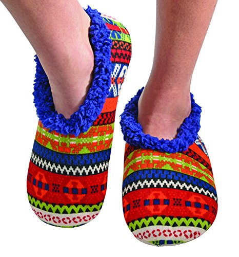 Snoozies Womens Comfy Soft Nordic Knit Fleece Slipper Socks - Blue/Orange, Large