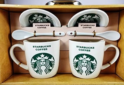 Genric Starbucks Ceramic Coffee Mug Set Of 2 With Lid And Spoon White 250 Ml - 