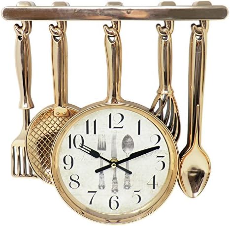 Cucuba® ELEGANT ROUND MODERN WALL CLOCKS WITH KITCHEN UTENSILS FOR KITCHEN OR RESTAURANTS DESIGN SHABBY CHIC COUNTRY 29X30X2CM - GIFT IDEA (Color: Gold)