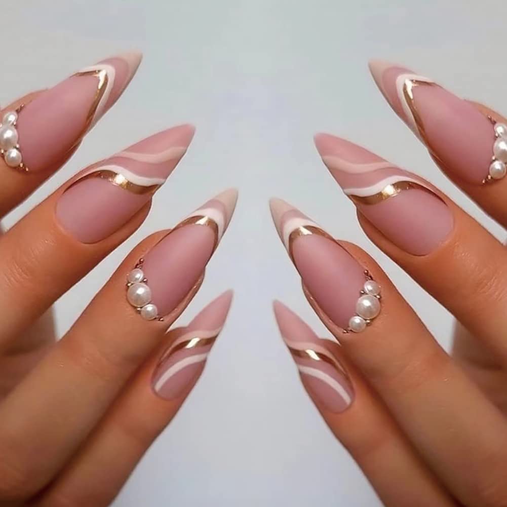 Clataly 24 PCS Moon Stars Fake Nail Love Heart Pearl Wave Acrylic Press on Nails Pointed Artificial False Nails for Women Girls (C)