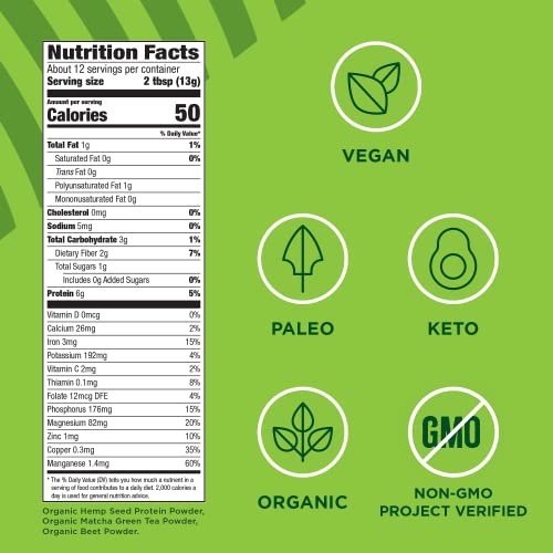 MANITOBA HARVEST ORGANIC HEMP & MATCHA POWDER, 5.5 OZ, ENERGY, 6G OF PROTEIN, 2G OF FIBER PER SERVING, MATCHA PROTEIN POWDER, VEGAN, NON-GMO PROJECT VERIFIED, 56G OF CAFFEINE, PACKAGING MAY VARY