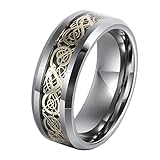 L-Ring 8MM Men's Tungsten Wedding Ring Gold Plated Celtic Dragon Inlay Polished Beveled Edge, Size 7-14