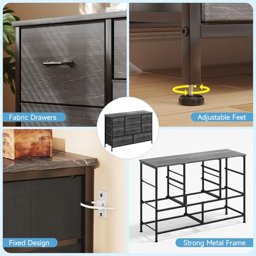 Flrrtenv Tall 9 Drawers Dresser Storage with Wood Top, TV Stand, Fabric Wide Storage Tower, Sturdy Steel Frame Storage Organizer Fit for Bedroom, Living Room, Hallway, Entryway, Closets, Black Oak