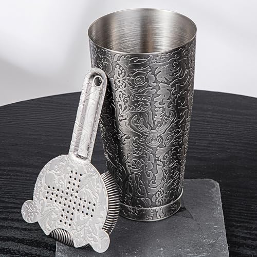 SKY FISH® Shaker per Cocktail Boston, Kit Cocktail da 18 Pezzi con Design in Rilievo 3D, Set da Barman Professionale per Gli Amanti dei Cocktails, Lavaggio a Mano, Grigio Spazio
