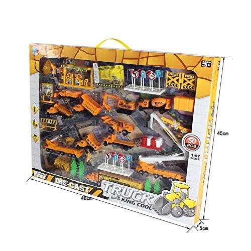 XY Toys 50-Piece Die Cast Metal Construction Playset with Trucks, Cranes, Roadblocks, Traffic Signs and Much More! (89007)