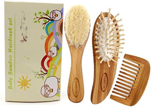 3-Piece Baby Hair Brush Set for Baby and Toddler Cradle Cap- Natural Goat Hair Soft Bristles-Eco Bamboo Comb- Perfect Baby Registry Gift