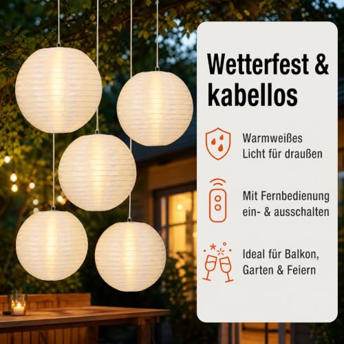 Hellum Lanterns Outdoor Weatherproof Set of 7 with Warm White LED and Battery, 1 x Diameter 30 cm, 3 x Diameter 25 cm, 3 x Diameter 20 cm, White Lanterns with Remote Control, Lanterns for Outdoors, LED Lanterns, Outdoor Wedding Decoration 150889