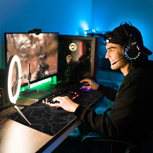 Niviy Mouse Mat XXL 900 x 400 mm Ergonomic Desk Mat for Office/Home, Non-Slip Rubber Base, Stitched Edges, Black Topographic Contour