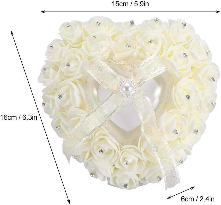 Romantic Heart-shaped Wedding Box Rose Rhinestone Decor Pillow Cushion for Case Bearer(Beige), Ivory - Image 4