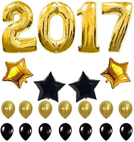 40 Inch Gold 2017 Number Foil balloons， Gold Decorations Banner with Black and Gold Latex Balloon