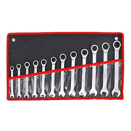 Combination Spanner, 8-19 mm - 12 Pieces Fixed Head Ratchet Spanner Set with Wrench Storage Bag, Metric Combo Spanner Combination Set Ring Open Ended
