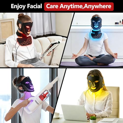 LED Face & Neck Mask, 7 Colours Red Light Therapy with Smart Timer - Firming, Face Care for All Skin Types, Black
