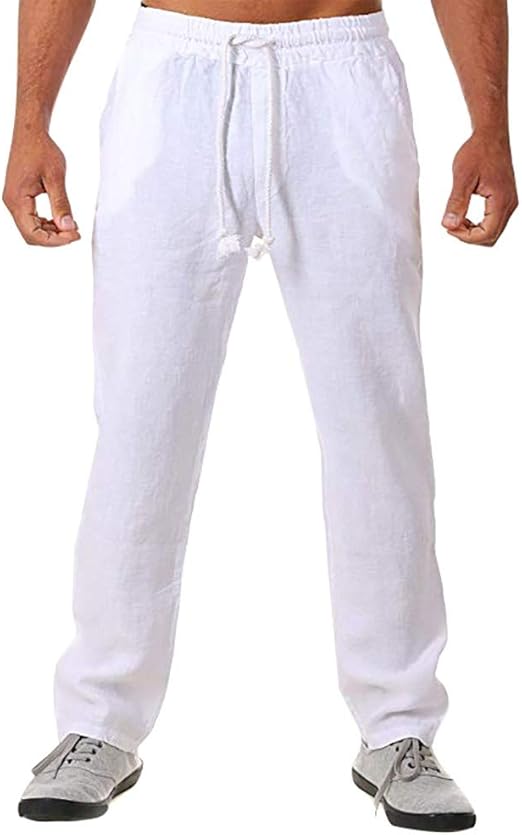 Mens Linen Trousers Casual Loose Fit Lightweight Elastic Waist Yoga