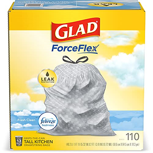 GLAD TALL KITCHEN DRAWSTRING TRASH BAGS – ODORSHIELD 13 GALLON WHITE TRASH BAG, FEBREZE FRESH CLEAN, 110 COUNT