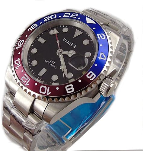 BLIGER 43mm Black Dial Pepsi Bezel GMT Function Sapphire Automatic Movement Men's Watch Luminous Marks