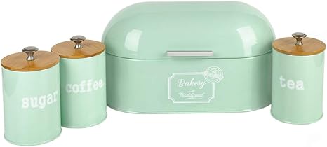 Amazon Com X680l Set Of 4 Metal Light Green Vintage Home Kitchen Gifts Tea Coffee Sugar Tin Canister Bread Box Bin Container Holder Kitchen Dining