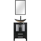 eclife 24&rdquo; Modern Bathroom Vanity Cabinet with Vessel Sink Combo, Black | Champagne Boat Glass Countertop Sink, Freestanding Storage Cabinet, Water Saving Faucet &amp; Pop Up Drain, for Small Space