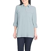 Hilary Radley Women's Roll Tab Sleeve Blouse, Button Down, Long Sleeve, Crinkle Top with Chest Pockets (US, Alpha, Medium, Regular, Regular, Light Blue)
