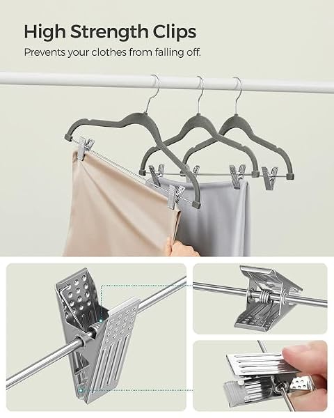 SONGMICS 30 PACK PANTS HANGERS, 16.7 INCHES LONG VELVET TROUSERS HANGERS WITH ADJUSTABLE CLIPS, HEAVY-DUTY, NON-SLIP, SPACE-SAVING FOR PANTS, SKIRTS, COATS, DRESSES, TANK TOPS, GRAY UCRF12V30