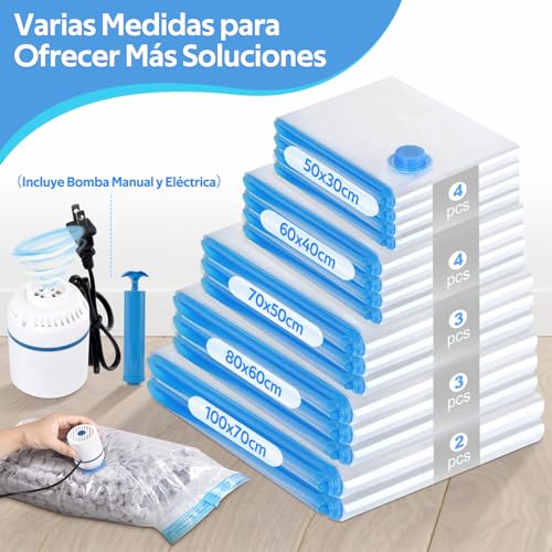 16 Piezas Bolsas de Almacenamiento de Vacío con Bomba Eléctrica y Manual, 80% de Bolsas de Compresión para Ahorrar Espacio, Compresión rápida en 30s, Bolsas al Vacío para Ropa, Edredones y Viaje