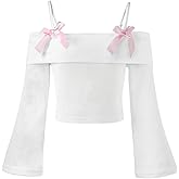 Verdusa Girl's Tops Off The Shoulder Long Sleeve T Shirt Ribbed Knit Cute Clothes for Girls 10-12