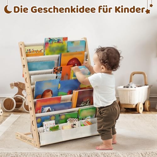 Bücherregal Kinder mit 6 Oxford-Stoff Fächern - Kinderbücherregal aus Naturholz - Bücherregal Kinderzimmer mit abgerundeten Ecken & platzsparend 63L x 30B x 76H cm（Naturholzfarbe