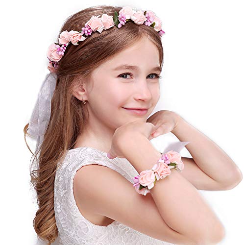 Flower Headband and Floral Wrist Band, Nature Berries Flower Crown Wedding Headband Hair Wreath Wrist Band Set for Girls and Women