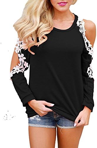 Cinyifan Casual T Shirt Floral Lace Trim Crochet Long Sleeve Cold Shoulder Tops Blouse For Women