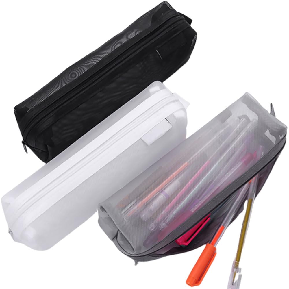 Finyoffiy 3pcs Portable Pencil Case,Zippered Mesh Storage Bag, Simple Pen Pouch,Stationery Pouch Pen Case for Office for Travel Office Women (Grey+Black+White)