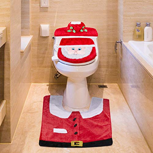 Christmas Toilet Seat Cover, Iyoyo 3 Pieces Snowman Santa Toilet Cover and Rug, Tank & Toilet Paper Box Cover Christmas Decorations for Bathroom Red