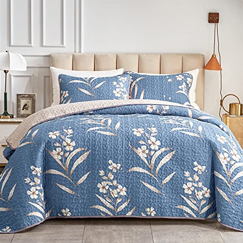 Flysheep 2 Pieces Quilt Set Twin Size, Blue Floral Reversible Bedspread Coverlet Set, Soft Microfiber Lightweight Bed Cover for Kids (68" x 86", 1 Quilt+ 1 Pillow Sham)