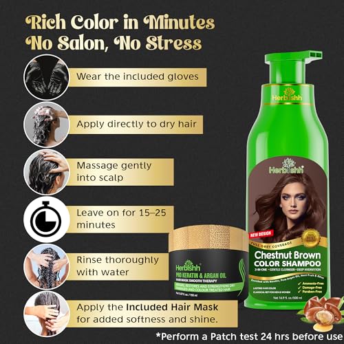 Herbishh 2 Pcs Chestnut Brown Hair Color Shampoo+ 1Argan Hair Mask Permanent Color Shampoo For Men And Women Long Lasting Easy To Apply