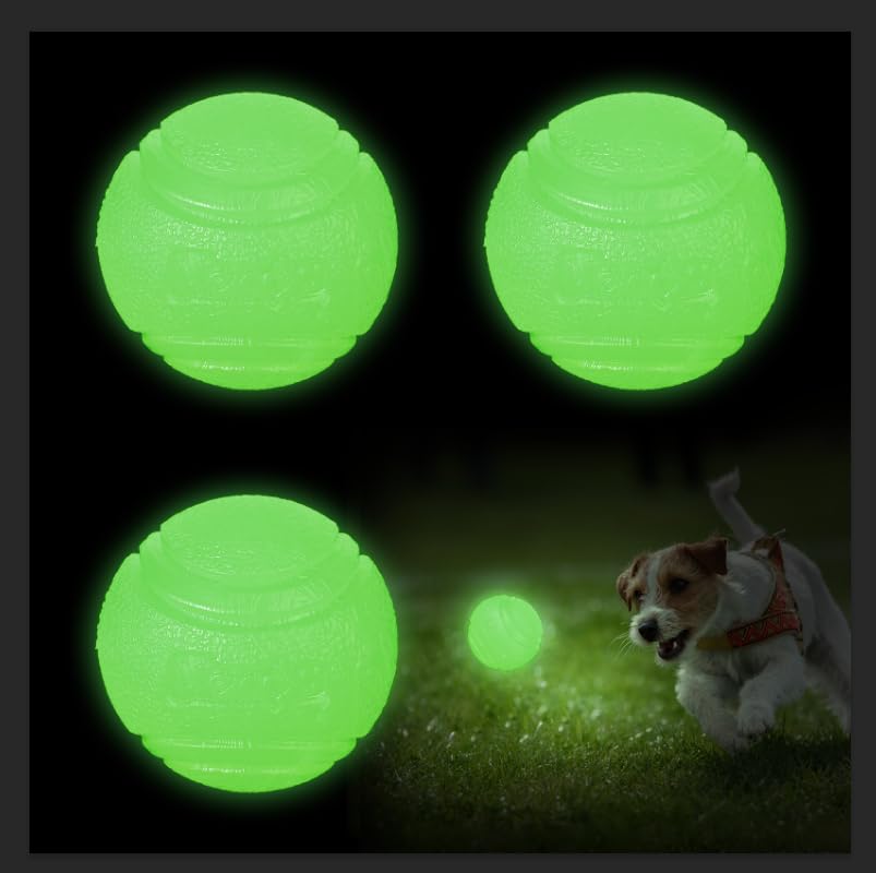 QKURT 3 Glow In The Dark Dog Balls, 6cm Indestructible Dog Ball Toys, Luminous, High Bounce Rubber, Teeth Training, Interactive Ball Chew Toys for Small Medium Large Dogs