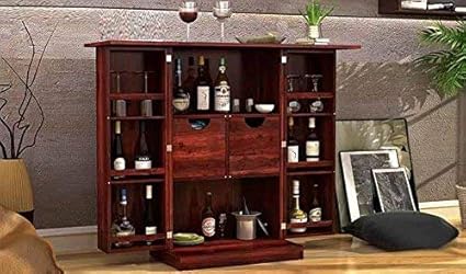 Aprodz Sheesham Wood Wine Storage Pindar Stylish Bar Cabinet for Living Room | Mahogany Finish