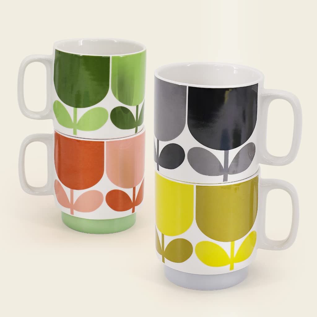 Orla Kiely Set of 4 Stacking Mugs Block Flower Multicoloured Gift Boxed
