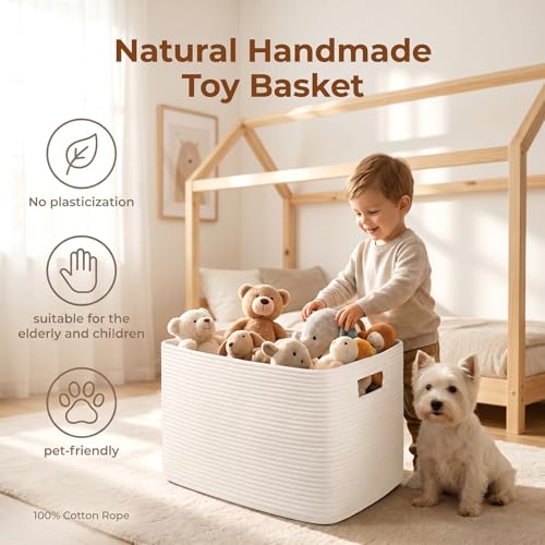 OIAHOMY 75L Large Blanket Basket, Woven Storage Basket with Handle, Cotton Rope Basket 22”x17”x12”,Blanket Basket Living Room, Toy Basket for Nursery, White