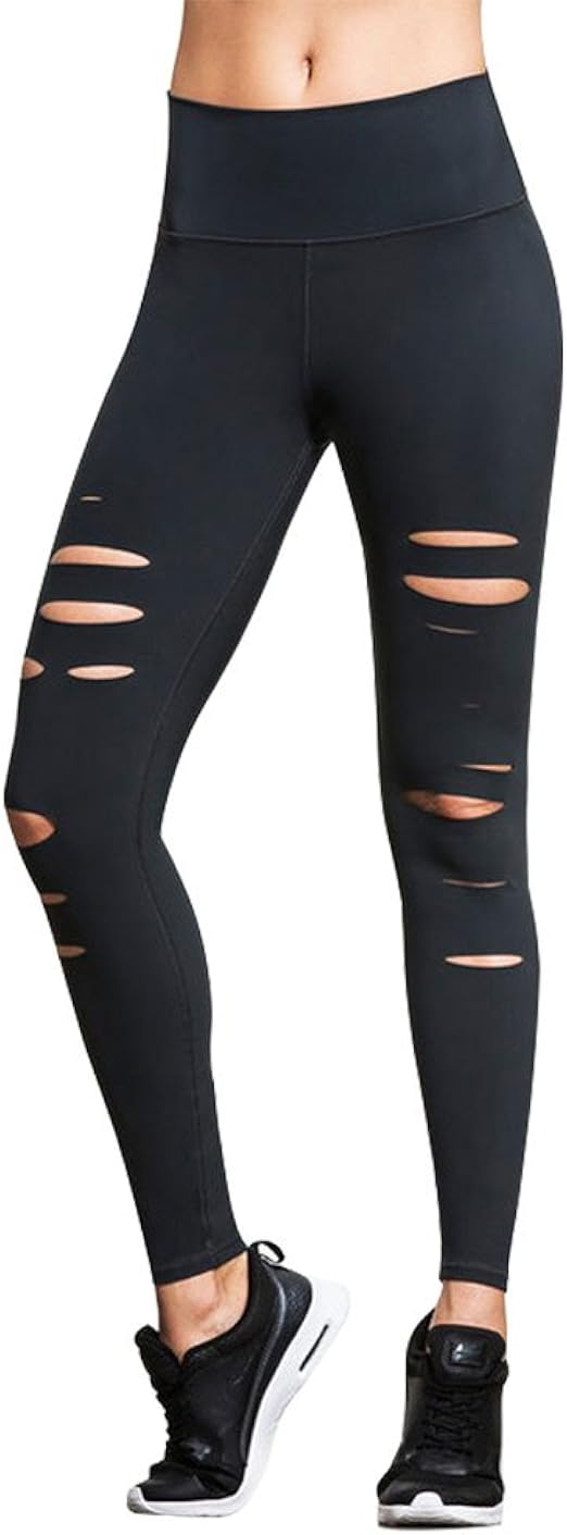ZJP Women High Waist Black Ripped Holes Yoga Tights