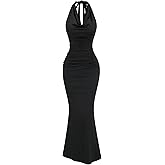 GORGLITTER Women's Halter Tie Maxi Dresses Elegant Classy Backless Cowl Neck Evening Gowns Formal Cocktail Ruched Dress