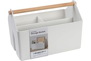 Blue Ginkgo Medium Storage Basket – Plastic Caddy with Wooden Handle for Office, Arts & Crafts, or Home Supplies (White)