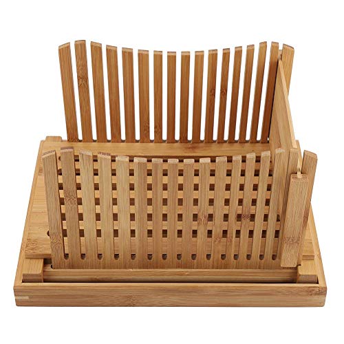 Bread Slicer Cutting Guide, Premium Bamboo Foldable Bread Cutter Bagels/Loaf Cakes/Sandwich Slicer with Crumb Catching Tray for Home and Commercial